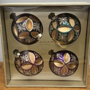 Tahari Christian Siriano Gold/Jewel Tone Glass Christmas Ornaments Set of 4 Box